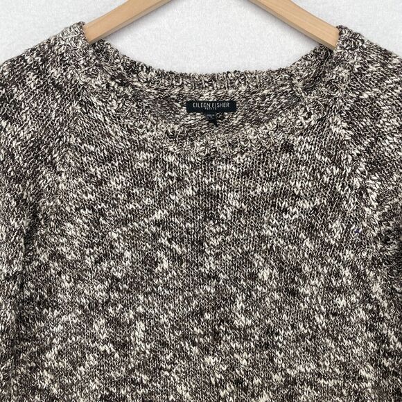 EILEEN FISHER Sweater PS Petite Linen Cotton Blend Round Neck Marled Brown USA - Picture 3 of 13
